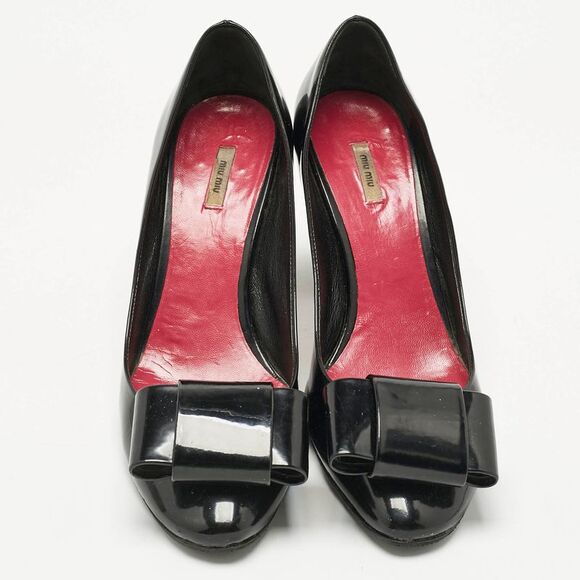 Miu Miu Black Patent Leather Bow Peep Toe Pumps Size 37.5 - Picture 3 of 7